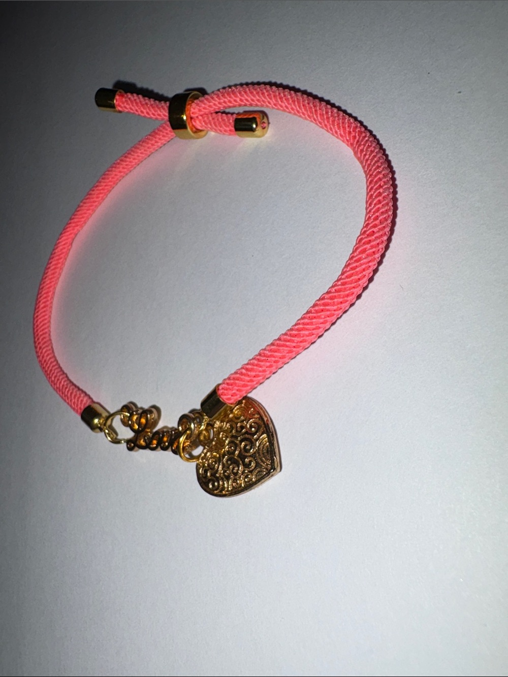 Gold Heart Charm Bracelet with Neon Pink Cord by Sassy Charmer